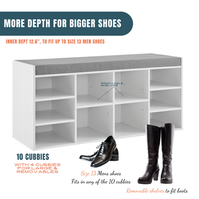 STURDIS Shoe Cubby Bench with Seat, 10 Cubbies, Fits Up to Size 13 Men's Shoes, Designed for Families with Various Shoe Sizes - Mom, Dad, and Kids.