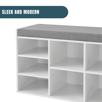 STURDIS Shoe Cubby Bench with Seat, 10 Cubbies, Fits Up to Size 13 Men's Shoes, Designed for Families with Various Shoe Sizes - Mom, Dad, and Kids.