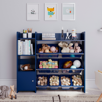 Sturdis Kids Toy Storage Organizer with Bookshelf and 8 Toy Bins - Blue