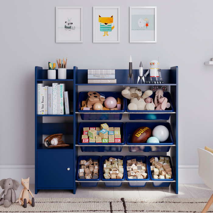 Sturdis Kids Toy Storage Organizer with Bookshelf and 8 Toy Bins - Blue