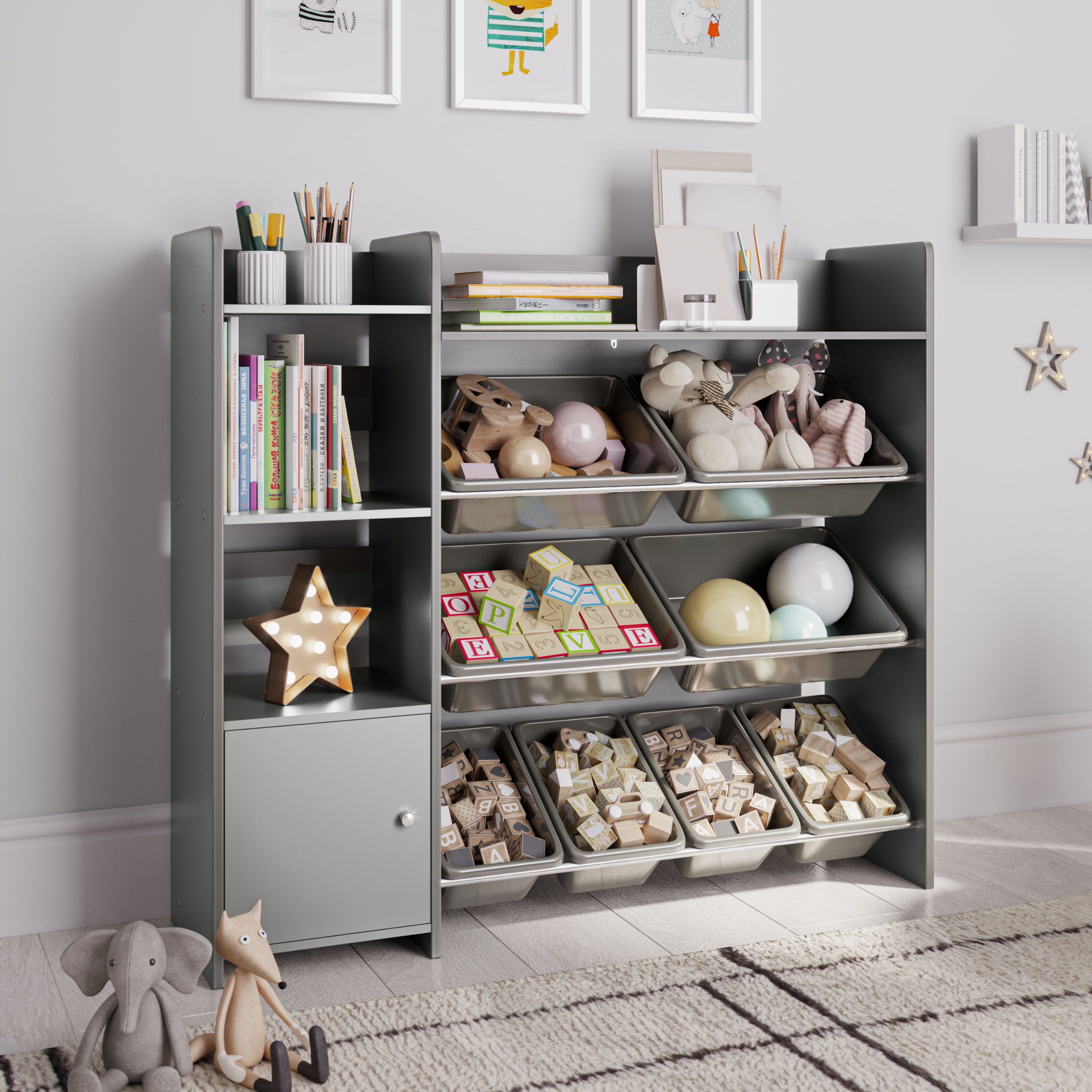 Sturdis Kids Toy Storage Organizer With Bookshelf and White Bins