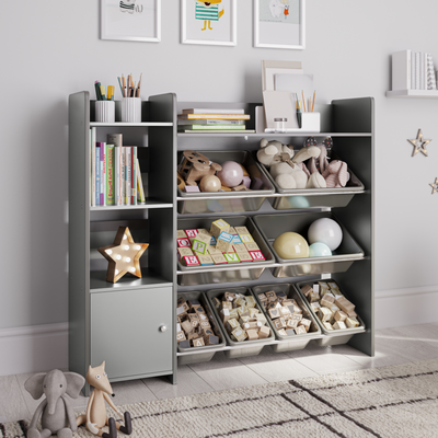 Sturdis Kids Toy Storage Organizer with Bookshelf and 8 Toy Bins - Gray