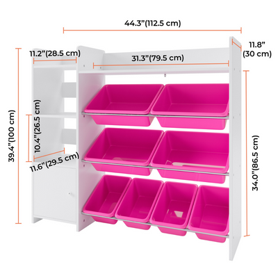 Sturdis Kids Toy Storage Organizer with Bookshelf and 8 Pink Toy Bins