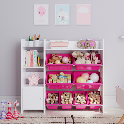 Sturdis Kids Toy Storage Organizer with Bookshelf and 8 Pink Toy Bins