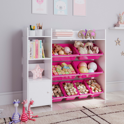 Sturdis Kids Toy Storage Organizer with Bookshelf and 8 Pink Toy Bins