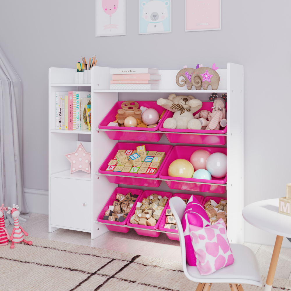 Sturdis Kids Toy Storage Organizer with Bookshelf and 8 Toy Bins - Gray