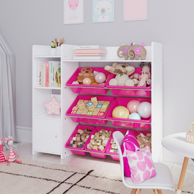 Sturdis Kids Toy Storage Organizer with Bookshelf and 8 Pink Toy Bins