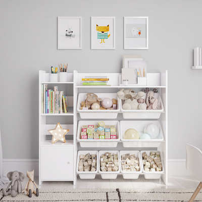 Sturdis Kids Toy Storage Organizer with Bookshelf and 8 Toy Bins – White Bins