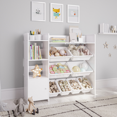 Sturdis Kids Toy Storage Organizer with Bookshelf and 8 Toy Bins – White Bins